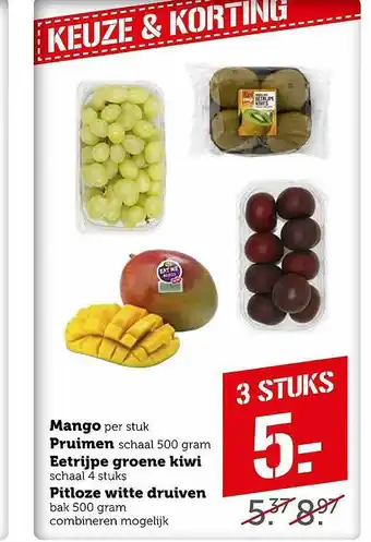 Coop Mango, Pruimen, Eetrijpe Groene Kiwi Of Pitloze Witte Druiven 500g aanbieding