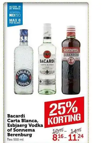 CoopCompact Bacardi Carta Blanca, Esbjaerg Vodka Of Sonnema Berenburg 25% Korting 500ml aanbieding