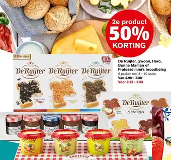 Hoogvliet De Ruijter, G'woon, Hero, Bonne Maman Of Frutesse Mini's Broodbeleg 2e Product 50% Korting aanbieding