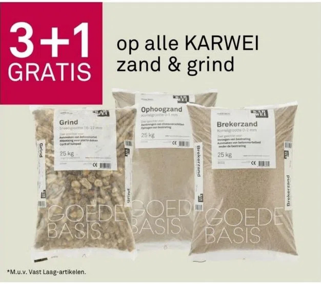 3+1 gratis op alle karwei zand & grind aanbieding bij Karwei