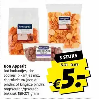 Boni Bon appetit hot krokantjes, rice cookies, pikantjes mix, chocolade rozijnen of pinda's of kingsize pinda's ongezouten-gezoute aanbieding