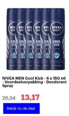 Bol.com Nivea men cool kick - 6 x 150 ml - voordeelverpakking - deodorant spray aanbieding