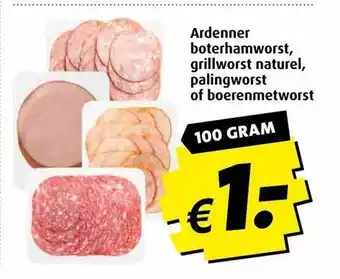 Boni Ardenner boterhamworst, grillworst naturel, palingworst of boerenmetworst aanbieding