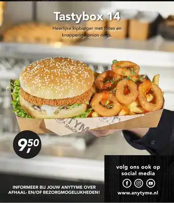 AnyTyme Tastybox 14 heerlijke kipburger met frites en knapperige onion rings aanbieding