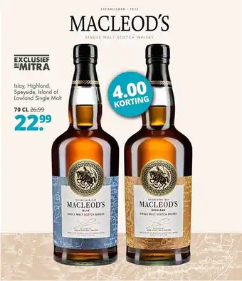 Mitra Macleod's islay, highland, speyside, island of lowland single malt aanbieding