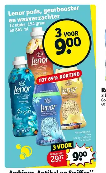 Kruidvat Lenor pods, geurbooster en wasverzachter 12 stuks, 154 gram en 861 ml aanbieding