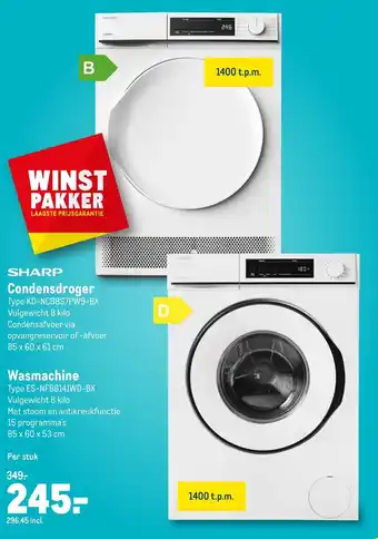 Makro Sharp Condensdroger KD-NCB8S7PW9-BX of wasmachine ES-NFB141WD-BX aanbieding