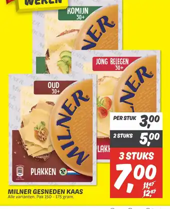 Dekamarkt Milner gesneden kaas alle varianten pak 150-175 gram 3 stuks aanbieding