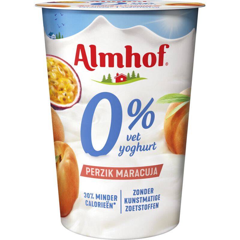 Albert Heijn Almhof 0% vet yoghurt perzik-maracuja aanbieding