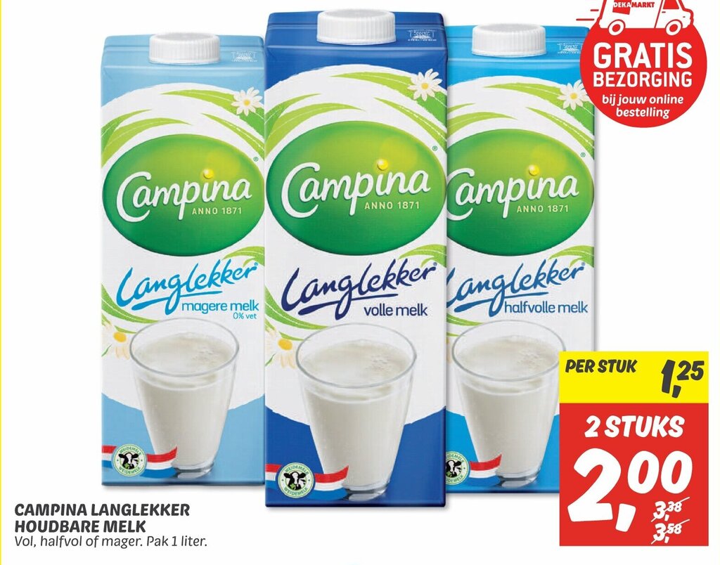 Campina langlekker houdbare melk 1 liter aanbieding bij Dekamarkt