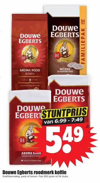 Dirk Douwe Egberts roodmerk koffie snelfiltermaling, pads of bonen pak 500 gram of 54 stuks aanbieding