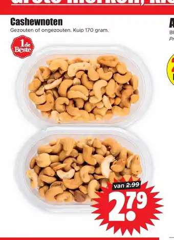 Dirk Cashewnoten Gezouten of ongezouten kuip 170 gram aanbieding