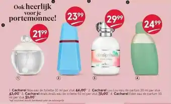 Etos Cacharel noa eau de toilette 30 ml, cacharel lou lou eau de parfum 30 ml, cacharel anaïs anaïs eau de toilette 50 ml of cacha aanbieding