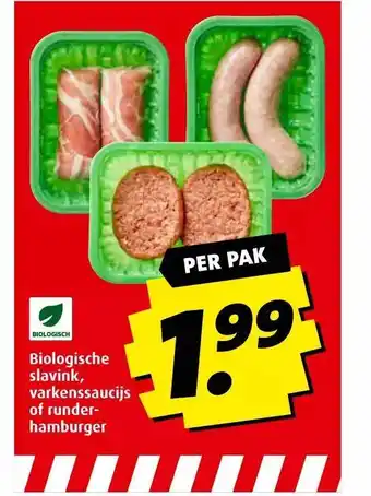 Boni Biologische slavink, varkenssaucijs of runderhamburger aanbieding