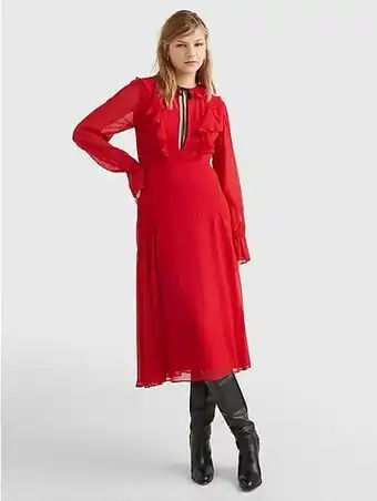 Tommy Hilfiger Tommy hilfiger slim fit viscose midi-jurk met ruches aanbieding