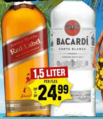 Dirck 3 Johnnie Walker Red Label of Bacardi Carta Blanca 1.5L aanbieding