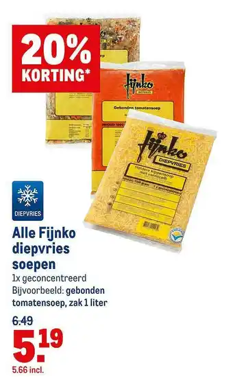 Makro Alle Fijnko Diepvries Soepen 20% Korting aanbieding