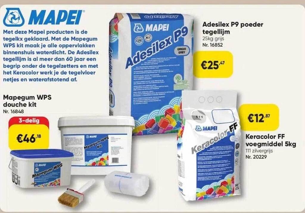 Mapei mapegum wps douche kit, adesilex p9 poeder tegellijm of keracolor