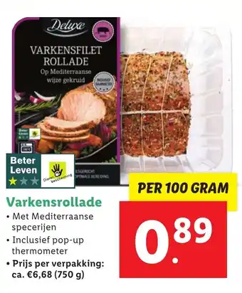 Lidl Deluxe varkensrollade 100 gram aanbieding