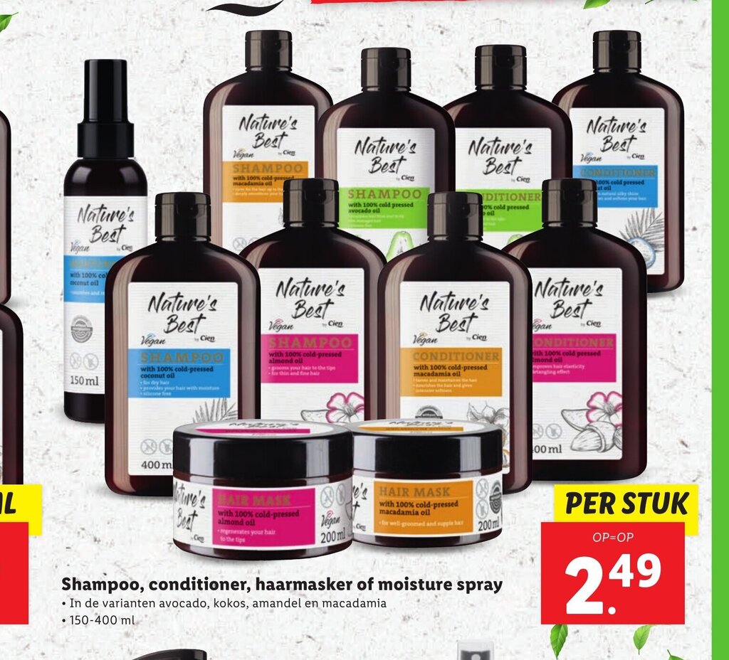 Shampoo, conditioner, haarmasker of moisture spray 150400 ml