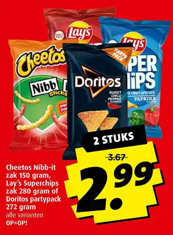 Boni Cheetos Nibb-it zak 150 gram, Lay's Superchips zak 280 gram of Doritos partypack 272 gram aanbieding