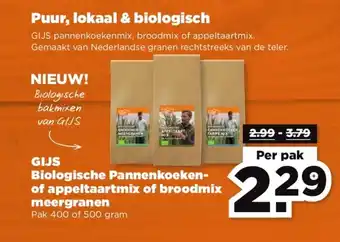 PLUS GIJS biologische pannenkoekn-of appeltaartmix of broodmix meergranen 400g aanbieding