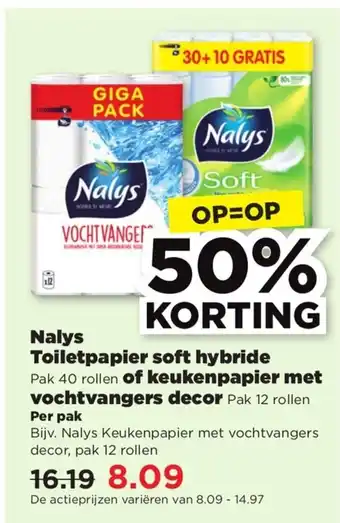 PLUS Nalys toiletpapier soft hybride 40 rollen of keukenpapier met vochtvangers decor 12 rollen aanbieding