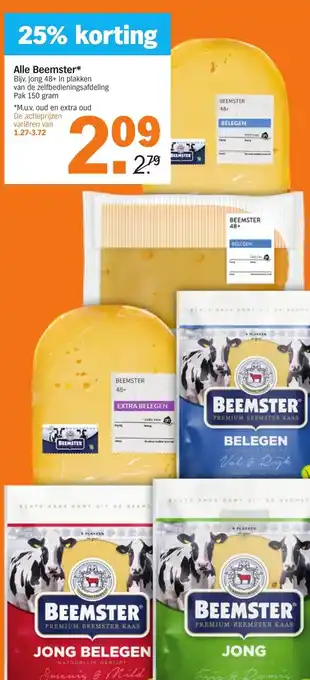 Albert Heijn Beemster jong 48+ in plakken pak 150 gram aanbieding