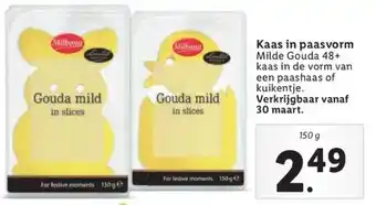 Lidl Kaas in paasvorm milde gouda 48+ kaas in de vorm van een paashaas of kuikentje. verkrijgbaar vanaf 30 maart. aanbieding