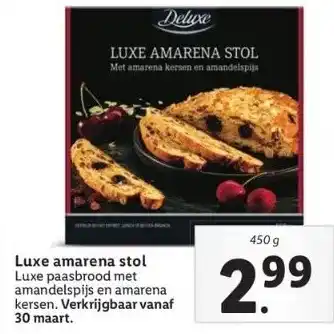 Lidl Luxe amarena stol luxe paasbrood met amandelspijs en amarena kersen. verkrijgbaar vanaf 30 maart. aanbieding