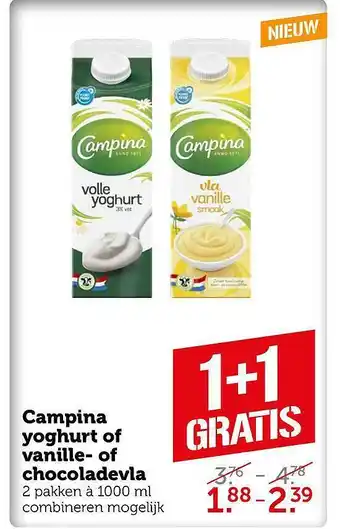 Coop Campina yoghurt of vanille- of chocoladevla aanbieding