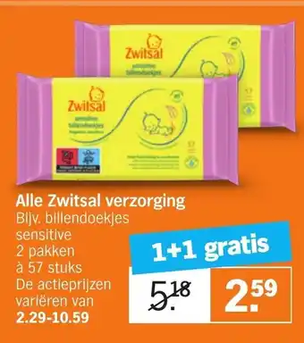 Albert Heijn Zwitsal billendoekjes sensitive 1+1 gratis aanbieding