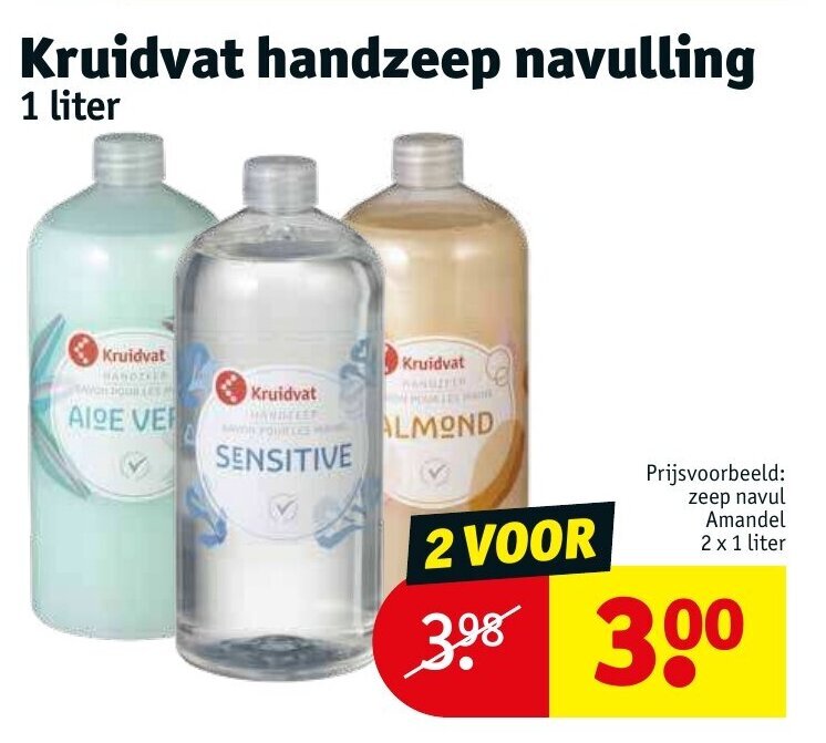 Zeep navul amandel 2 x 1 liter aanbieding bij Kruidvat