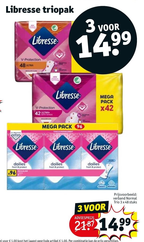 Libresse verband normal trio 3 x 48 stuks aanbieding bij Kruidvat