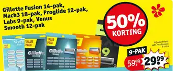 Kruidvat Gillette fusion 14-pak, mach3 18-pak, proglide 12-pak, labs 9-pak, venus smooth 12-pak aanbieding