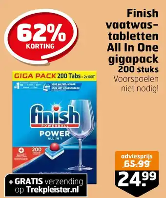 Trekpleister Finish vaatwastabletten all in one gigapack 200 stuks aanbieding