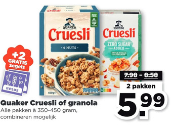 PLUS Quaker cruesli of granola aanbieding