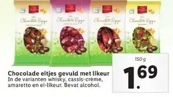 Lidl Chocolade eitjes gevuld met likeur in de varianten whisky, cassis-crème, amaretto en ei-likeur. bevat alcohol. aanbieding