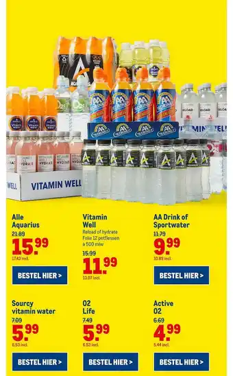 Makro Alle Aquarius, Vitamin Well, AA Drink Of Sportwater, Sourcy Vitamin Water, O2 Life Of Active O2 aanbieding