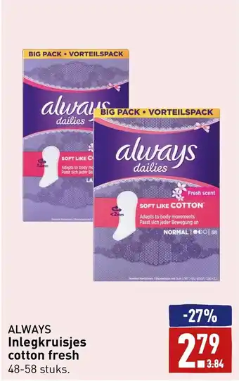 ALDI Always inlegkruisjes cotton fresh aanbieding