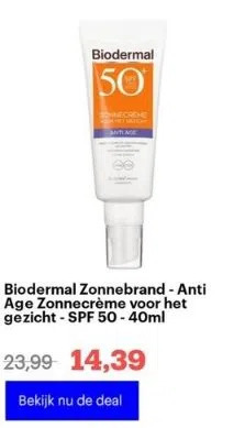 Bol.com Biodermal zonnebrand - anti age zonnecrème voor het gezicht - spf 50 - 40ml aanbieding