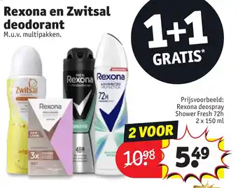 Kruidvat Rexona deospray shower fresh 72H 2x150ML aanbieding