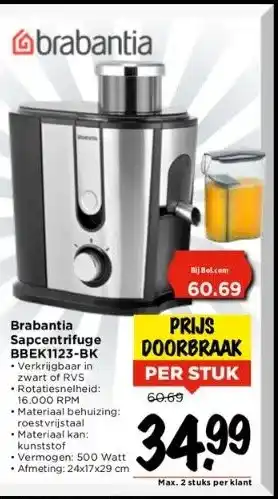 Vomar Voordeelmarkt Brabantia sapcentrifuge bbek1123-bk aanbieding