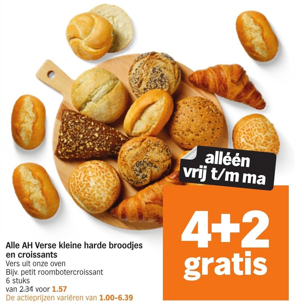 Albert Heijn Alle AH verse kleine harde broodjes en croissants aanbieding