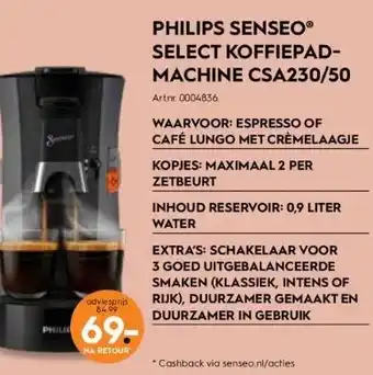 Blokker Philips senseo® select koffiepadmachine csa230/50 aanbieding