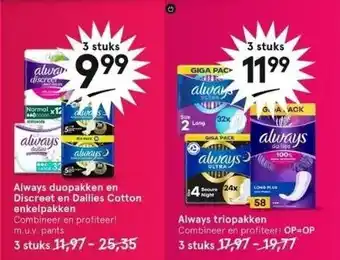 Etos Always duopakken en discreet en dailies cotton enkelpakken aanbieding