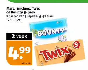 Poiesz Mars, Snickers, Twix of Bounty 5-pack 45-57 gram aanbieding