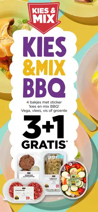 Jumbo Kies & Mix BBQ 4 bakjes met sticker 'kies en mix BBQ' vega, vlees, vis of groente aanbieding