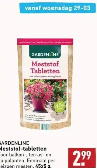 ALDI Gardenline meststof-tabletten voor balkon-, terras- en kuipplanten. eenmaal per seizoen mesten. 45x5 g. aanbieding