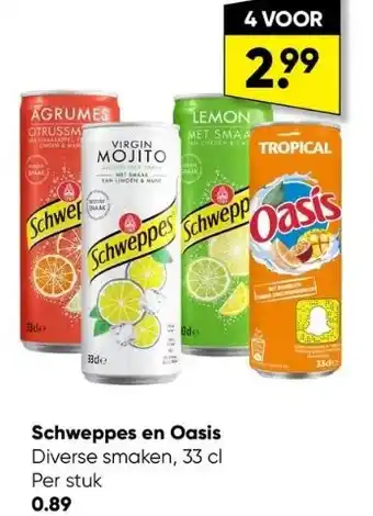 Big Bazar Schweppes en oasis diverse smaken, 33 cl per stuk aanbieding